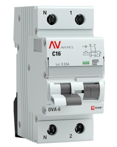 DVA-6 1P+N 16А (C) 30мА (A) 6кА  AVERES (rcbo6-1pn-16C-30-a-av). Автоматический выключатель дифференциального тока. EKF в Кызыле