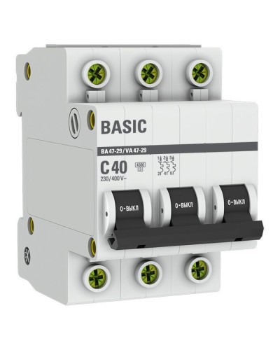 Автоматический выключатель 3P 40А (C) 4,5кА ВА 47-29 Basic (mcb4729-3-40C). Автоматический выключатель. EKF в Кызыле
