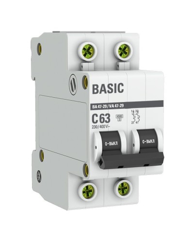 Автоматический выключатель 2P 63А (C) 4,5кА ВА 47-29 Basic (mcb4729-2-63C). Автоматический выключатель. EKF в Кызыле