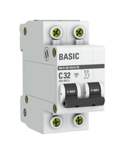 Автоматический выключатель 2P 32А (C) 4,5кА ВА 47-29 Basic (mcb4729-2-32C): Автоматический выключатель в Кызыле